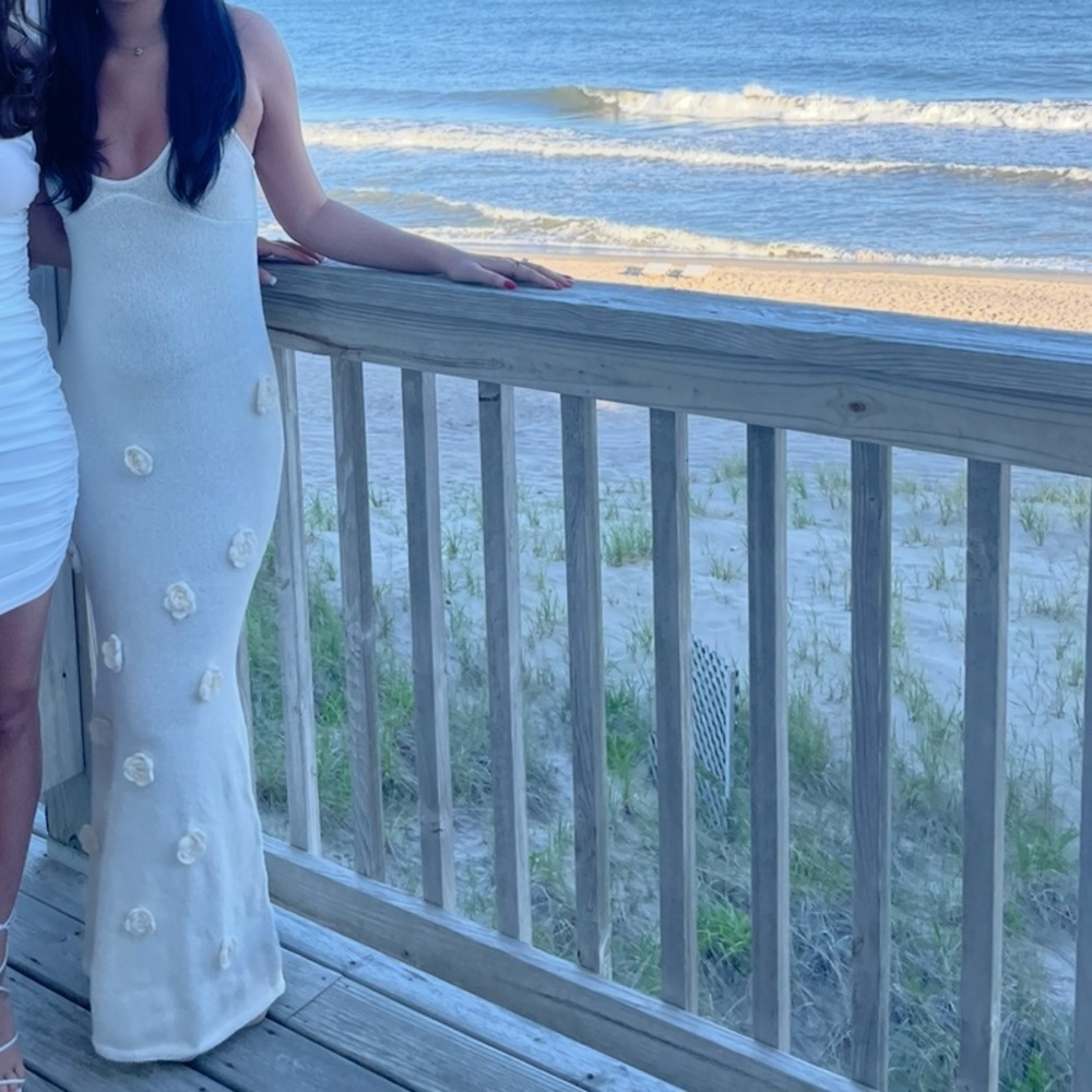 Women’s Knit Maxi Dress With Flowers - Nude/Cream - Picture 6 of 6